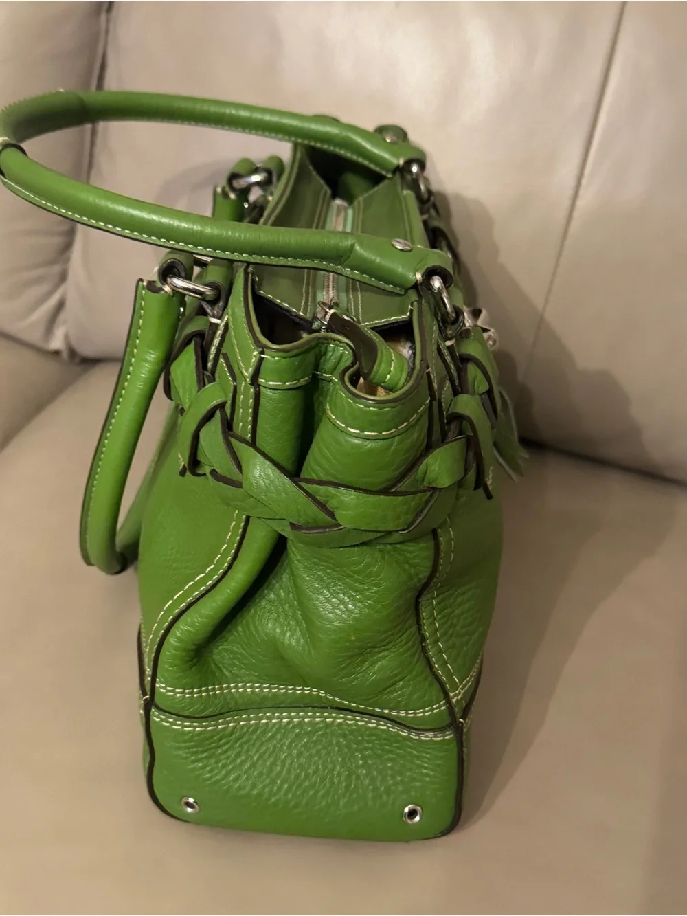 Coach Green Leather Satchel with Braided Trim Tassel Hampton Hobo small 13087